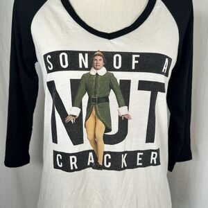 ELF Son of a Nutcracker Womens Raglan Shirt Small Black White Holiday Graphic T